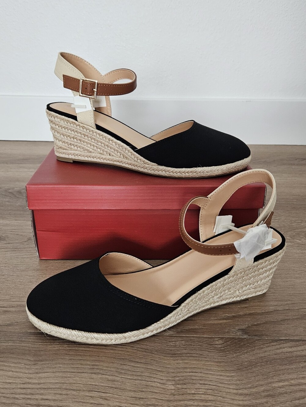 Pizz Annu Webster Black Espadrille Wedge Sandals with Tan Ankle Strap Size 11
